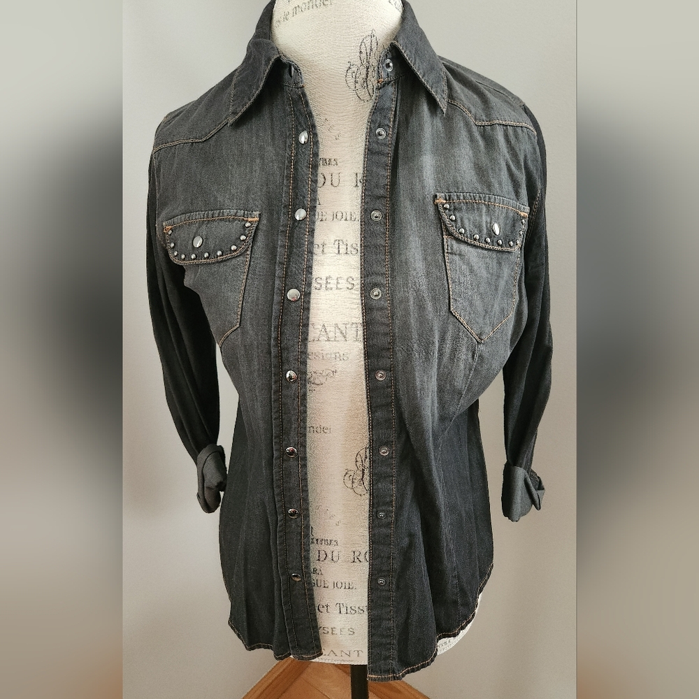 Oltre Women's Studded Black Denim Shirt With Orange Stiching, Size S